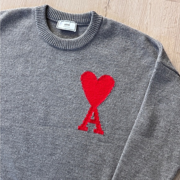 AMI Paris De Coeur Red Heart Intarsia Wool Sweater Grey Oversized Medium Unisex - Picture 5 of 15